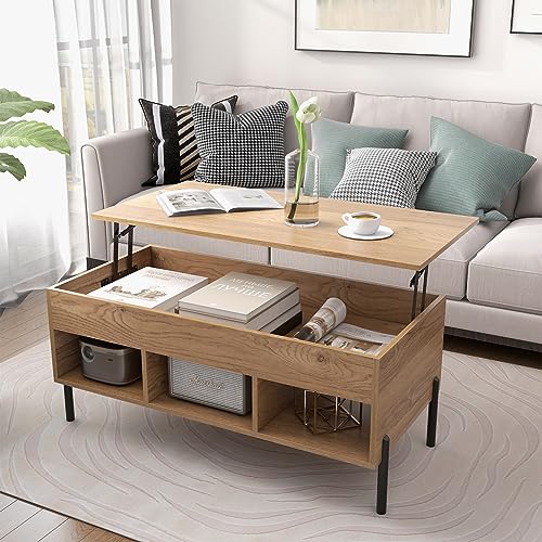 Giantex Lift Top Coffee Table, Rising Center Table with Large Hidden Compartment, Lifting Tabletop and 3 Open Cubbies, Cocktail Snack Table with Large Storage, Modern Living Room Table, Natural