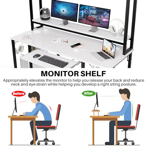 Desk with Hutch, 70 inch High 53 inch Width, Heavy Duty Computer Desk with Keyboard Tray and Storage Shelves Bookshelves, Easy Assemble - Color Black and White