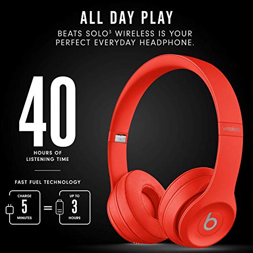 Beats Solo3 Wireless On-Ear Headphones - Apple W1 Headphone Chip, Class 1 Bluetooth, 40 Hours of Listening Time, Built-in Microphone - Red