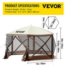 VEVOR Gazebo Screen Tent, 12 x ft, 6 Sided Pop-up Camping Canopy Shelter Tent with Mesh Windows, Portable Carry Bag, Ground Stakes, Large Shade Tents for Outdoor Camping, Lawn & Backyard, Brown/Beige