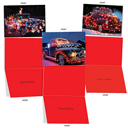 10 Assorted 'All Trucked Up' Christmas Cards with Envelopes 4 x 5.12 inch, Photos of Trucks Strung with Lit Christmas Lights, Boxed Season's Greetings Cards for Fathers, Coworkers, Business M2282