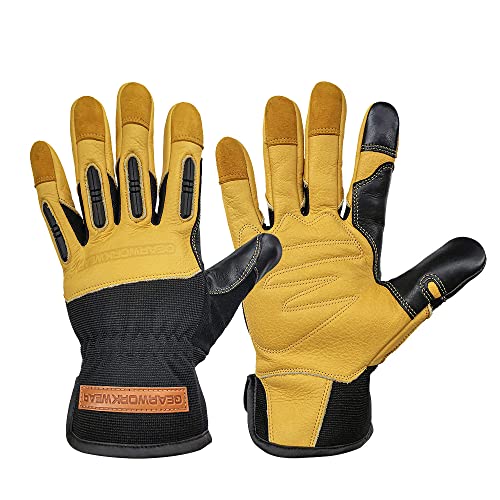 QearSafety 1 pair Cowhide Work Gloves, Gardening, Thorn Resistance ,Mechanic Work, Palm Padded, Knuckle TPR Anti-Impact Protect, Screen Touch Fingers, Multi-Purpose (Large)