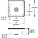 Elkay D115151 Dayton Single Bowl Drop-in Stainless Steel Bar Sink 15 x 15 with 2" Drain Hole