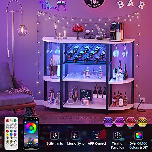 Unikito Bar Table Cabinet with Charging Station,Wine Rack Table with LED Light and Storage, Freestanding Floor Bar Cabinet for Liquor and Glasses for Home Kitchen Dining Room, White