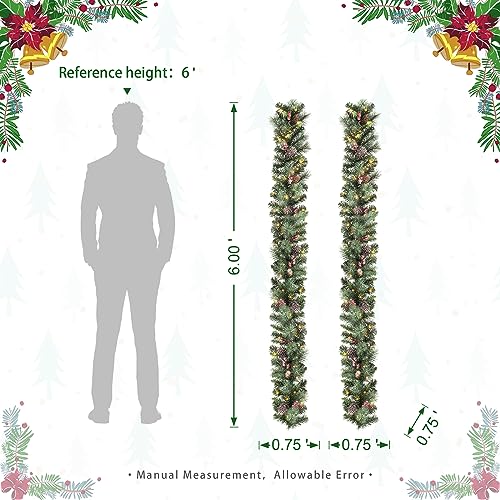 Glitzhome 2PK 6FT Glittered Pinecones and Berries Christmas Garland with 50 Warm White Lights and Timer for Christmas Holiday Party Hanging Decorations