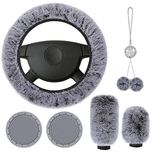 Frienda 6 Pieces Fluffy Car Accessories Set Steering Wheel Cover Soft Fuzz Handbrake Gear Shift Bling Mirror Decoration 2 Pad (Black Grey, Short Hair) (Frienda-Cover Bling-667)