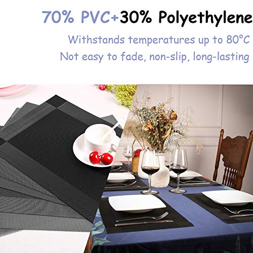 Neween Placemat with Compatible Coaster, Fine Weaving Insulation Placemat Set of 6 Non-Slip Heat Resistant Washable Table Mat Set for Kitchen Dining Table (6PCS Placemat + 6 Coaster, Black)