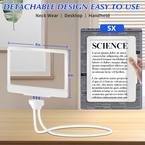 NZQXJXZ 5X Rechargeable Hands-Free Magnifying Glass 43 Bright LED, Magnifying Glass for Reading Neck Wear, Large Page Magnifier for Seniors for Newspaper, Sewing, Cross Stitch, Small Prints