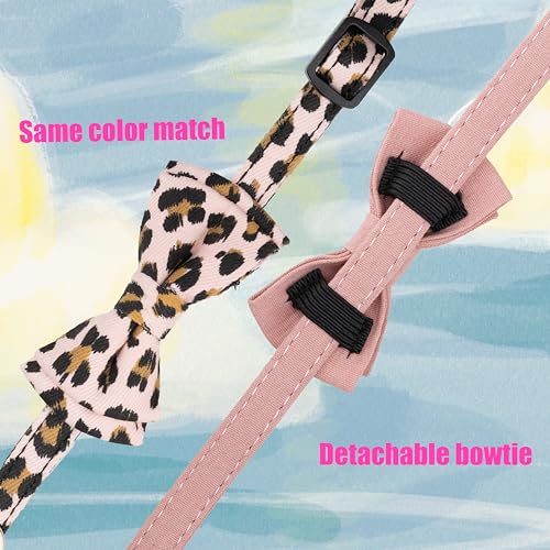 Gyapet Collar for Cats Pets Breakaway with Bell Bowtie Floral Bow Detachable Adjustable Safety Puppy 2pcs Pink Leopard & Pure