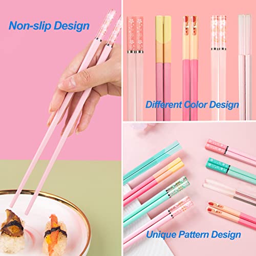 5 Pairs Fiberglass Chopsticks Dishwasher Safe, 9.6 in/24.3cm Non-Slip Reusable Premium Japanese Chinese Korean Lightweight Hair Chopsticks, Christmas Chop Stick Gift Set, Morandi Pink