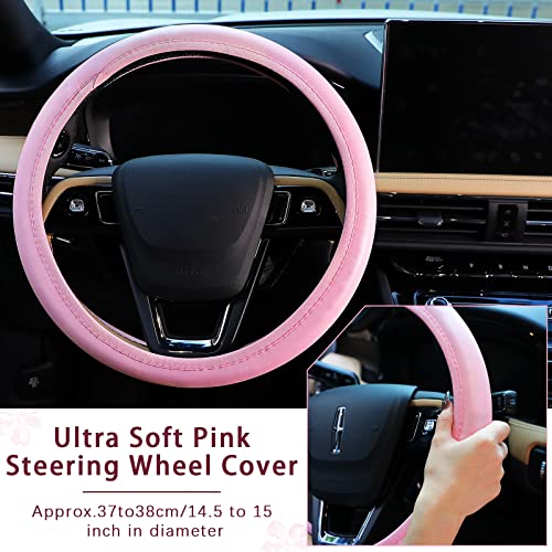 10 Pcs Leather Steering Wheel Cover for Women Cute Car Accessories Set with Seat Belt Shoulder Pads Seatbelt Covers Cup Holders Bling Start Button Ring Sticker Air Vent Clip Car Accessories(Pink)