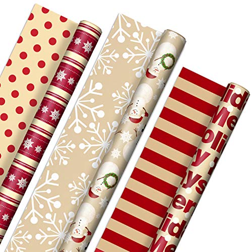 Hallmark Reversible Christmas Wrapping Paper (3 Rolls: 120 sq. ft. TTL) Merry Holidays, Snowflakes, Snowmen, Red Stripes
