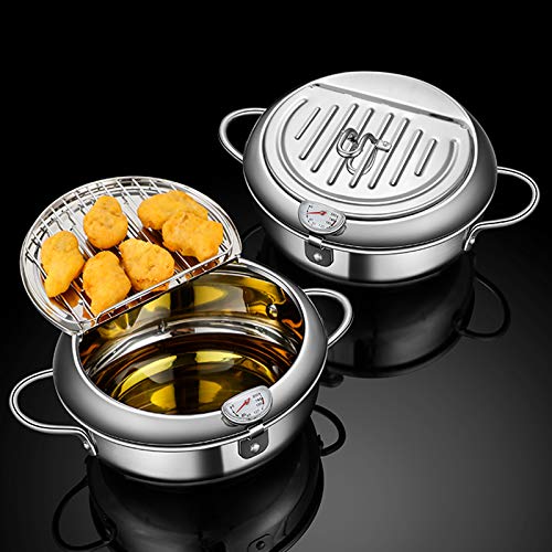 Deep Fryer Pot - Japanese Tempura Small Deep Fryer Stainless Steel Frying Pot With Thermometer,Lid And Oil Drip Drainer Rack for French Fries Shrimp Chicken Wings and Shrimp (28cm/11inch)