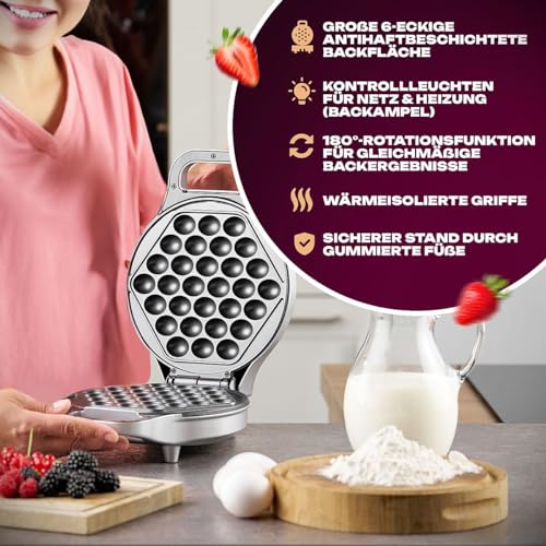 Clatronic® Waffle iron for trendy bubble waffles, bubble waffle iron with 180° rotation function for even baking results, waffle maker with non-stick baking surface, 700 W, WA 3772