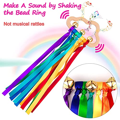 2 Pcs Waldorf Rainbow Hand Ribbon Kite Montessori Wooden Baby Toys Rainbow Twirler Stick with Bell for Babies Toddler Sensory Toys Rings