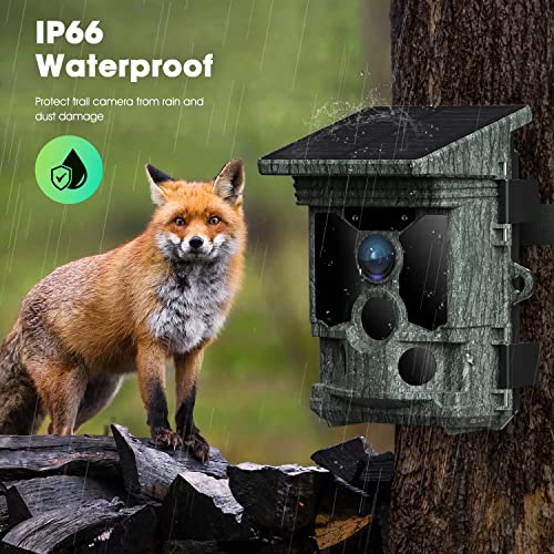 Trail Camera Solar Powered 46MP 4K 30FPS, WiFi Bluetooth Game Camera with 120°Wide-Angle Motion 3 PIR Sensor 0.1s Trigger Time Trail Camera with Night Vision IP66 Waterproof