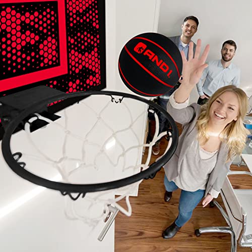 AND1 Mini Basketball Hoop: 18”x12” Pre-Assembled Portable Over The Door with Flex Rim, Includes Two Deflated 5” Mini Basketball with Pump, for Indoor, Red/Black