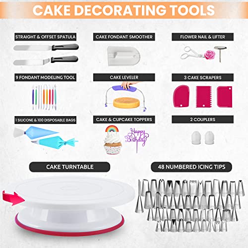 360 Pcs Cake Decorating Supplies Kit with Baking Supplies-Springform Pan Set-Cake Turntable stand-55 Numbered Piping Tips & Bags-7 Russian Tips -Icing Spatulas- Fondant Tools-Measuring Cups & Spoons