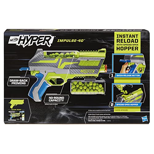 Nerf Hyper Impulse-40 Blaster, 30 Nerf Hyper Rounds, Spring-Open Instant Reload Hopper, Up to 110 FPS Velocity, Eyewear Included