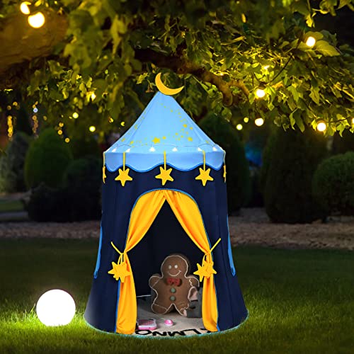 HONEY JOY Kids Play Tent, Foldable Pop Up Playhouse for Children w/Star String Light & Carrying Bag, Indoor Outdoor Castle Tent Playhouse for Parties Celebrations, Portable Play Tent w/2 Mesh Windows