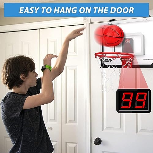 Indoor Mini Basketball Hoop Electronic Scoreboard with 4 Replacement PVC Mini Soft Basketballs, LED Over The Door Basketball Hoop Basketball Toys for Boy Girl Toddler Teen Men Gift