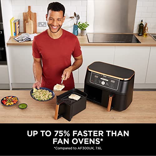 Ninja Foodi Dual Zone Air Fryer MAX + Tongs, 9.5 L, 2470 W, 2 Drawers, 8 Portions, 6-in-1, Air Fry, Roast, Bake, Nonstick, Dishwasher Safe Baskets, Amazon Exclusive, Copper/Black AF400UKCP