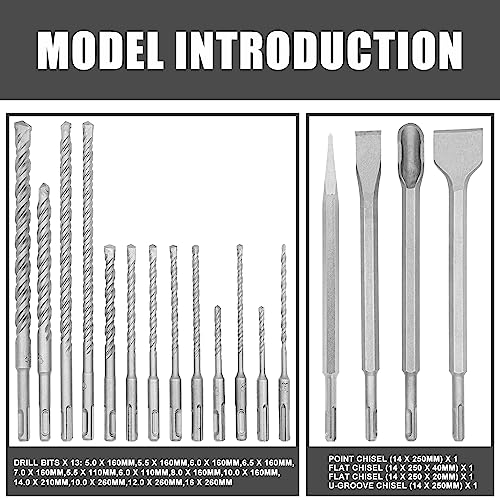 TOPEX 17 Piece SDS Plus Rotary Hammer Drill Bits Set & Chisel Bits Hole Tool Set Drilling Bricks, Concrete, Wall,Stone