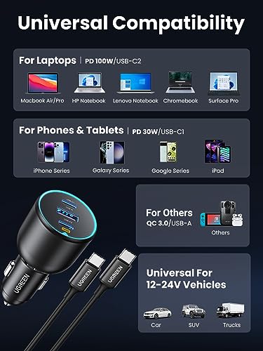 UGREEN 130W USB C Car Charger, 3 Port Car Charger PD3.0/QC4.0/PPS, Car USB Charger with LED Display, Compatible with MacBook, iPad, iPhone 15 Pro Max, Galaxy S23/S22/S21 (100W USB C Cable Included)