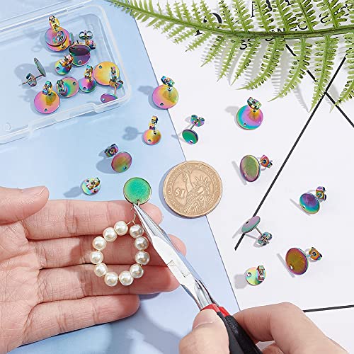 UNICRAFTALE About 24Pcs 3 Sizes 304 Stainless Steel Stud Earring Findings with Ear Nuts 0.8mm Pin Hypoallergenic Flat Round Earring Post with Hole Rainbow Earring Studs Components for Earring Making