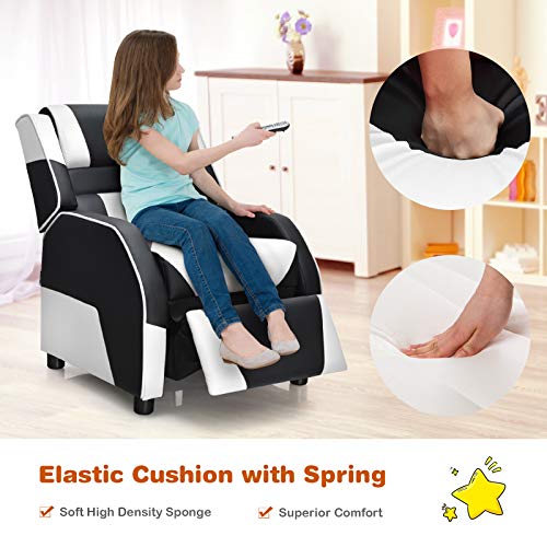 Kids Recliner Chair, Adjustable Recliner Sofa w/Footrest, Headrest & Lumbar Support, w/ Padded Seat, Ergonomic PU Leather Children Armchair for Living & Gaming Room, Racing Style Kids Lounge Couch for Boys & Girls Gift, White & Black