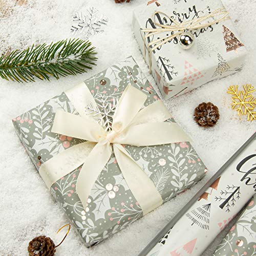 WRAPAHOLIC Christmas Wrapping Paper Roll - Rose Gold and Grey Holiday Design with Metallic Foil Shine - 4 Rolls - 30 Inch X 120 Inch Per Roll