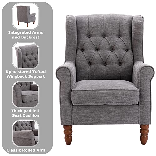 COLAMY Living Room Accent Chairs Set of 2, Thick Upholstered Button Tufted Wingback Armchair Fabric Mid-Century Modern Sofa Arm Chair, Solid Wood Legs Padding Seat, Grey