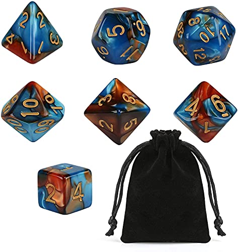 GWHOLE 7 PCS Polyhedral Dice Set Dungeons and Dragons Table Game Dice for D&D, DND, GRP with Black Pouch, Orange & Blue