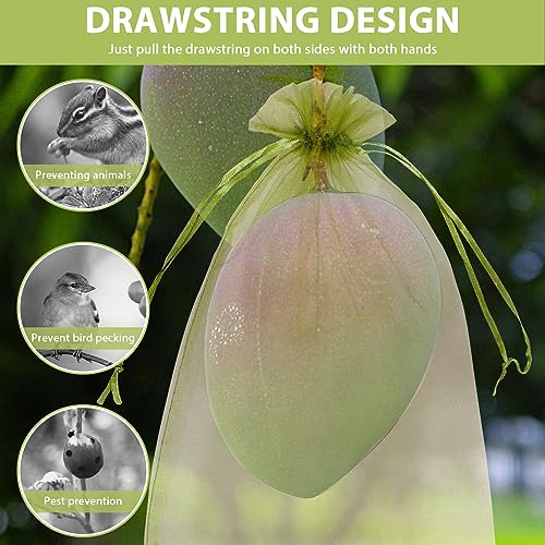 100 Pieces Organza Fruit Protection Bags,Fine Mesh Organza with Drawstring Reusable Garden Netting Bags for Protecting Fruit Tree,Plants,Vegetables