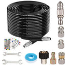 100FT Sewer Jetter Kit for Pressure Washer, 5800PSI Drain Cleaner Hose 1/4 Inch NPT Corner, Rotating and Button Nose Sewer Jetting Drain Jetter Nozzle Pearl Corsage Pin Spanners Waterproof Tape