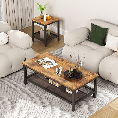 AWQM 3 Pieces Coffee Table Set, Industrial Coffee Table with 2 Square End Side Tables, Modern Living Room Table Set with Metal Frame for Apartment Home Office, Rustic Brown