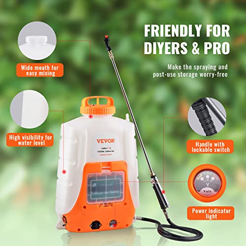 VEVOR Battery Powered Backpack Sprayer, 0-90 PSI Adjustable Pressure, 4 Gallon Tank, Back Pack Sprayer with 8 Nozzles and 2 Wands, 12V 8Ah Battery, Wide Mouth Lid for Weeding, Spraying, Cleaning