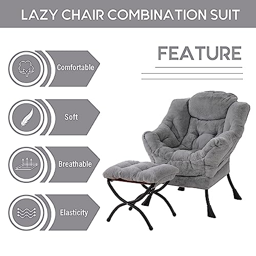 LITA Modern Lazy Chair with Ottoman, Accent Contemporary Lounge Single Leisure Upholstered Sofa Chair Set with Armrests and a Side Pocket for Reading, Living Room & Bedroom,Plush Grey