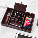 Mens Valet Tray, Leather Nightstand Organizer box with Charging Station for Men and Women,Catchall Tray EDC Dump Tray with 6 Compartments for Wallet Key Phone,Brown