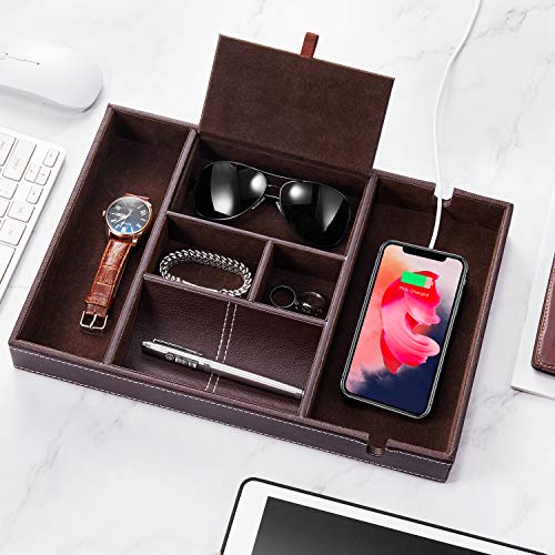 Mens Valet Tray, Leather Nightstand Organizer box with Charging Station for Men and Women,Catchall Tray EDC Dump Tray with 6 Compartments for Wallet Key Phone,Brown