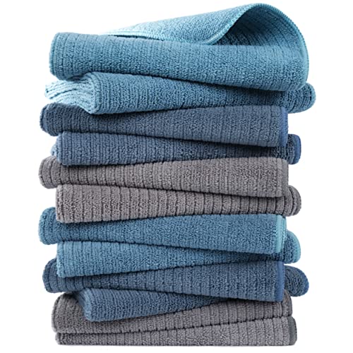 Polyte Premium Microfibre All-Purpose Ribbed Terry Kitchen Dish and Hand Towel (Blue, Gray, Teal, 40x71 cm) 12 Pack