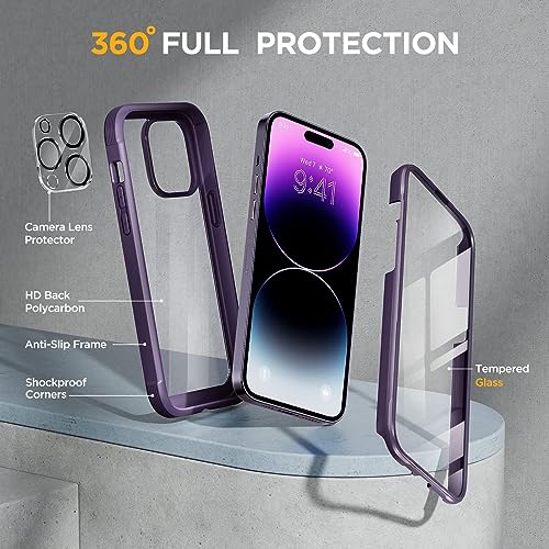 Miracase Glass Series for iPhone 14 Pro Case 6.1 Inch, 2023 Full-Body Clear Bumper Case with Built-in 9H Tempered Glass Screen Protector, Noble Purple