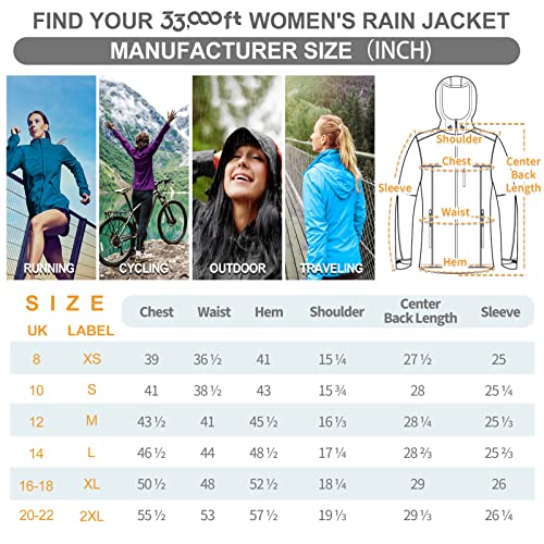 33,000ft Women's Waterproof Packable Rain Jackets Lightweight Breathable Windbreaker Raincoat Outdoor Windproof Running Golf Cycling Jacket with Hood, Mint Green, 14-16