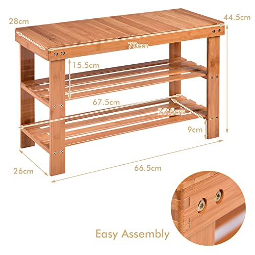 Giantex 3 Tier Shoe Rack Bench, Premium Natural Bamboo Bench with 2 Slatted Shelves, 120 kg Weight Capacity, Entryway Bench Shelf with Storage Holds up to 6 Pairs, for Hallway Living Room (Natural)