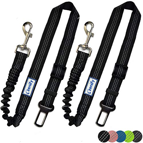 Zenify Dog Car Seat Belt Extendable Lead (2 Pack) - Bungee Leash for Dogs Puppies - Pet Adjustable Elastic Seatbelt Harness Vehicle Safety Birthday Road Trip Gift Idea (Black)