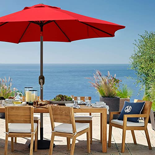 Blissun Patio Umbrella Aluminum Manual Push Button Tilt and Crank Garden Parasol (9ft Manual, Red)