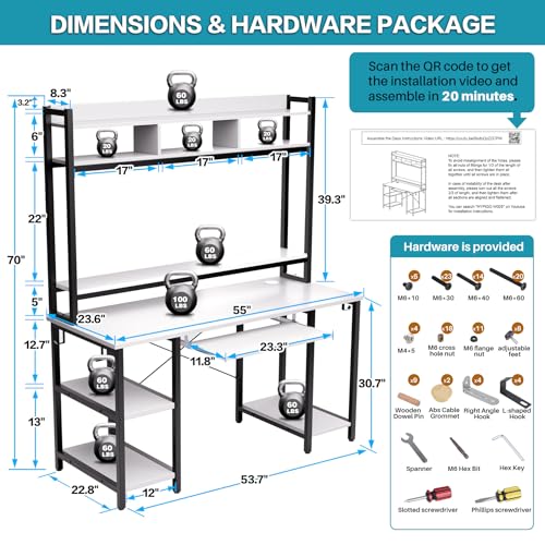 Desk with Hutch, 70 inch High 53 inch Width, Heavy Duty Computer Desk with Keyboard Tray and Storage Shelves Bookshelves, Easy Assemble - Color Black and White