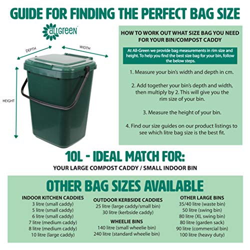 10 Litre x 100 All-Green Compostable Bags - Kitchen Caddy Liner - Food Waste Bin Liners - EN 13432-10L Bags with Composting Guide