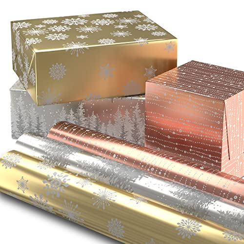 Hallmark Foil Christmas Wrapping Paper with Cut Lines on Reverse (3 Rolls: 60 Sq. Ft. Ttl) Rose Gold, Silver Trees, Gold Snowflakes for Holidays, Hanukkah, Winter Solstice, Weddings, Graduations