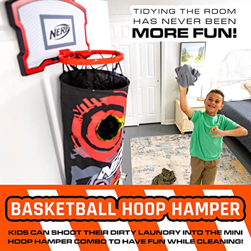 NERF Basketball Hoop Hamper - Laundry Layup Over The Door Basket + Shooting Target - Mini Hoop Hamper + Basketball Set